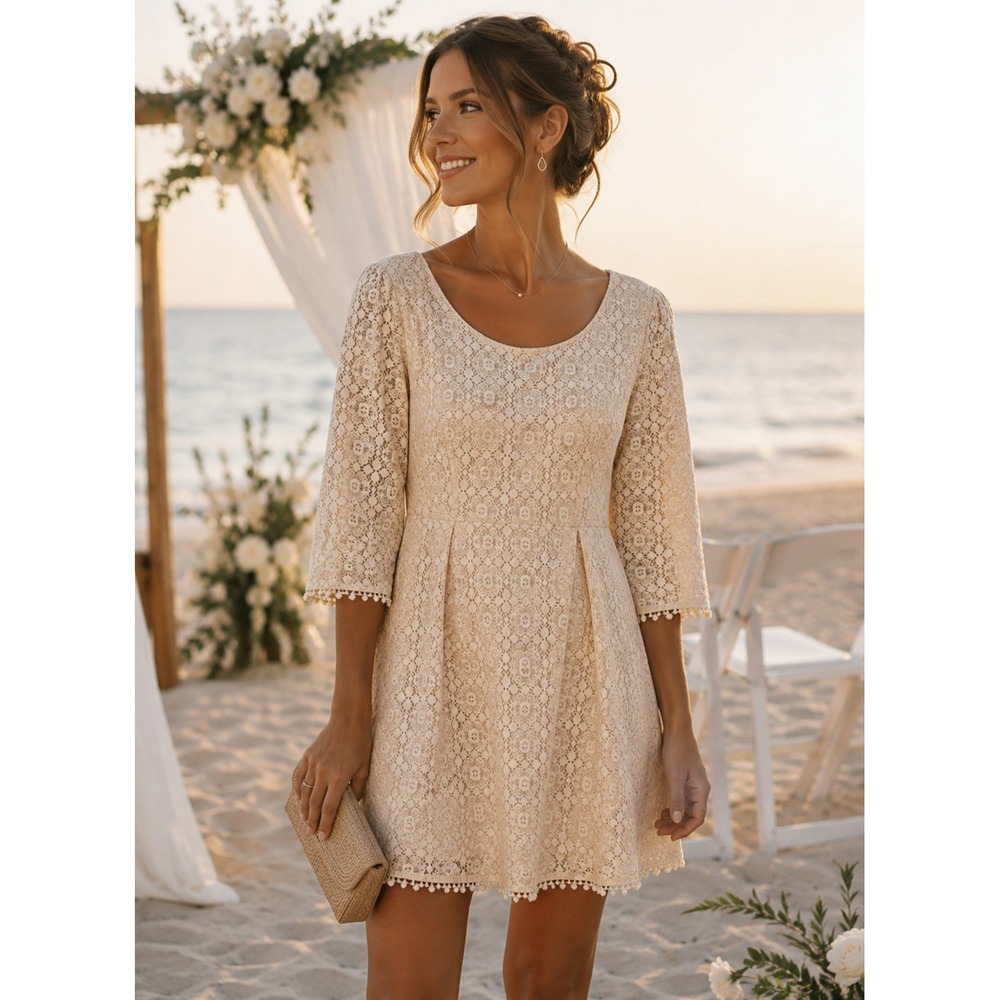 Miss Chievous Cream Lace Pom Pom Trim Mini Dress Size XL Beach Bridal Shower